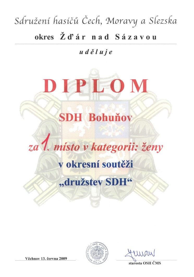 Diplom drustva en SDH Bohuov  erven 2009